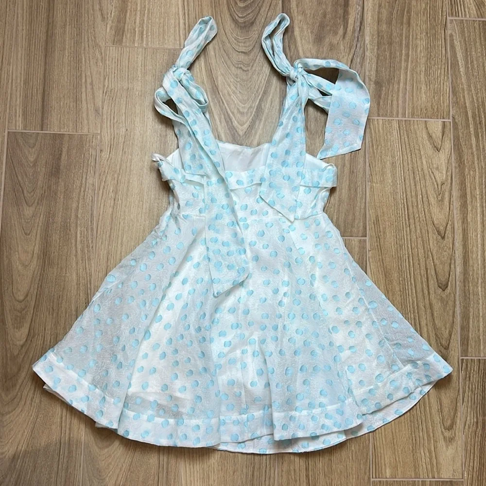 MABLE Fit Flare‎ White and Light Blue Polka Dot Mini Dress